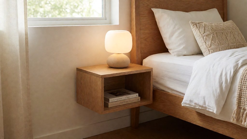 Kamar tidur minimalis dengan kasur rendah, rak gantung, dan lampu strip di belakang headboard