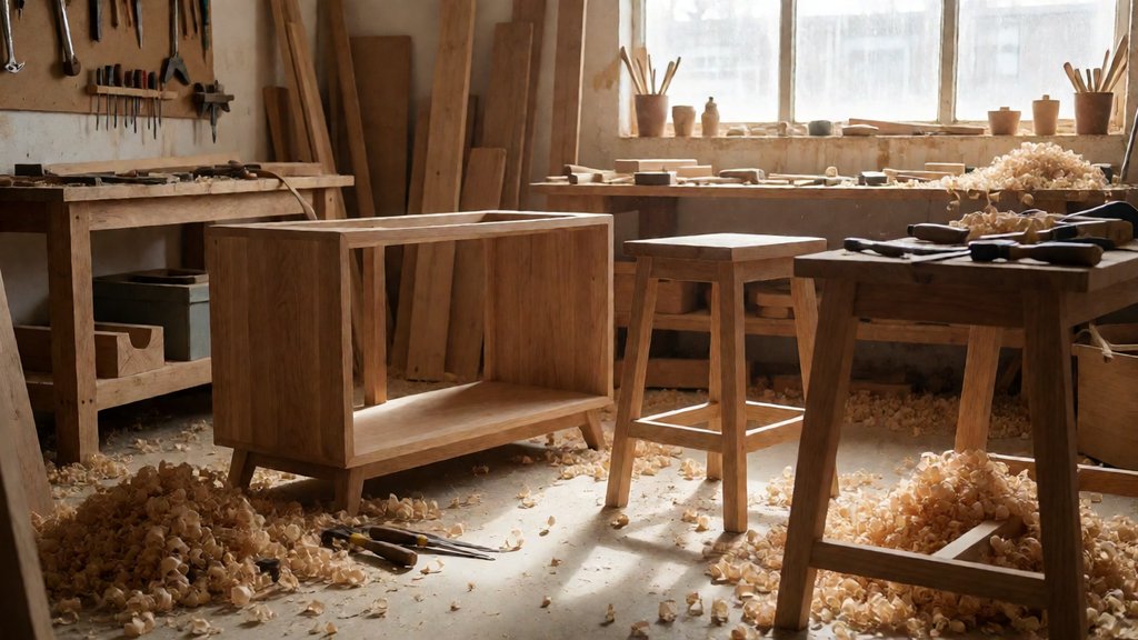 Workshop kayu dengan berbagai furnitur custom dalam proses pengerjaan
