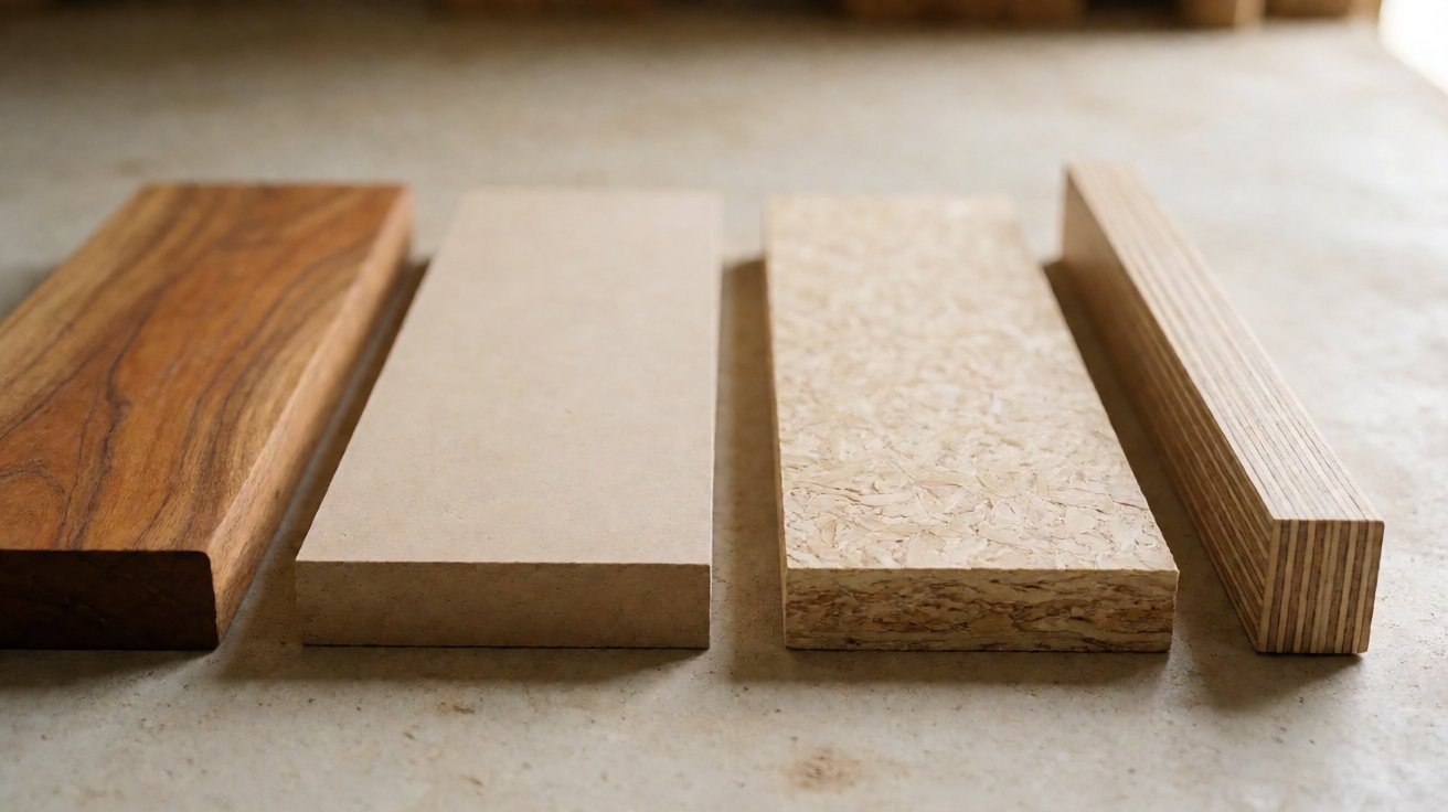 Perbandingan empat material furniture: kayu solid, MDF, particle board, dan triplek