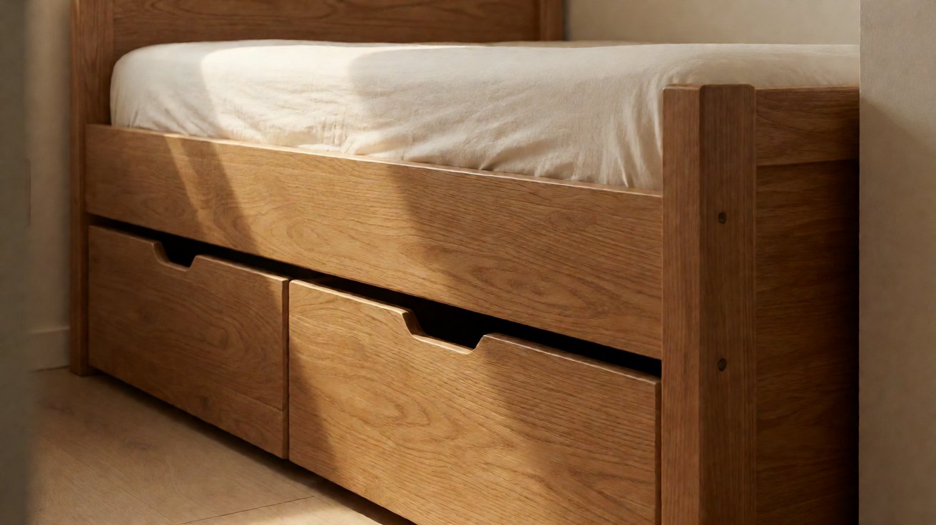 Tempat tidur kayu dengan laci penyimpanan