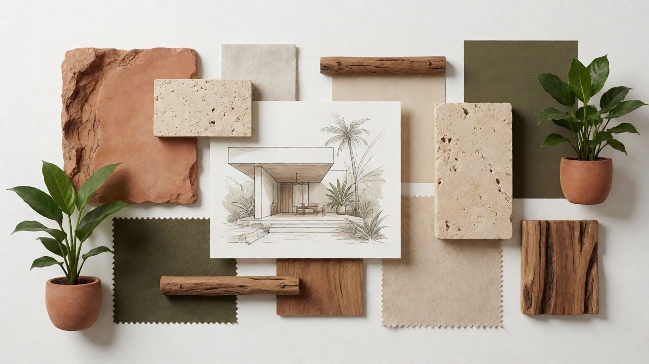 Ruang tamu bergaya warm minimalism dengan material kayu alami